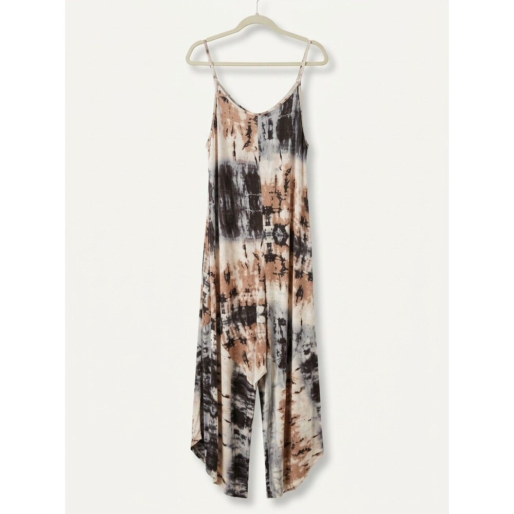 Christine Jumpsuit Spaghetti Strap Wide Leg Tie Dye Neutral Beige Black Women 2X